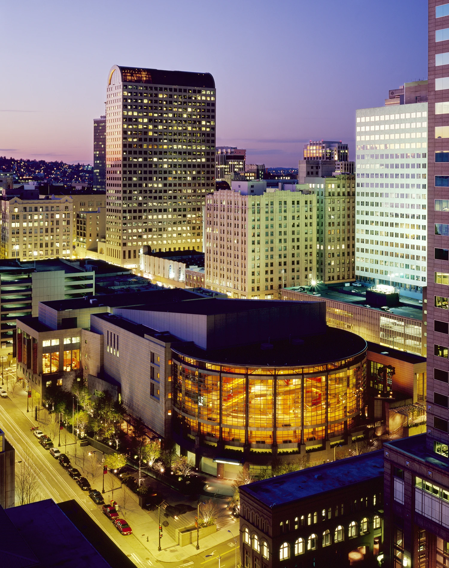 Benaroya Hall exterior at dusk