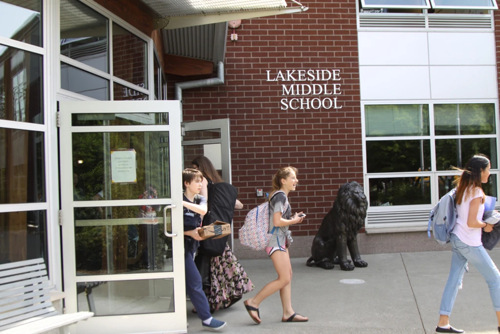 Lakeside School Middle School entrance with students