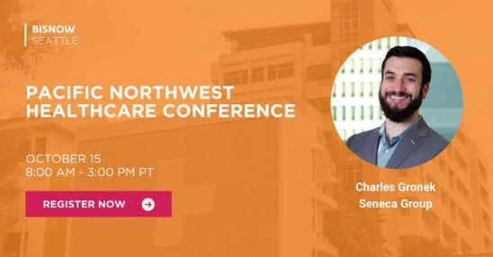 Promo banner for Bisnow Seattle's Pacific Northwest Healthcare Conference with a speaker portrait on the right and a pink 'Register Now' button.