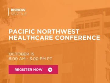 Promotional banner for Bisnow Seattle Pacific Northwest Healthcare Conference with date Oct 15, 8:00 AM–3:00 PM PT and a magenta Register Now button.