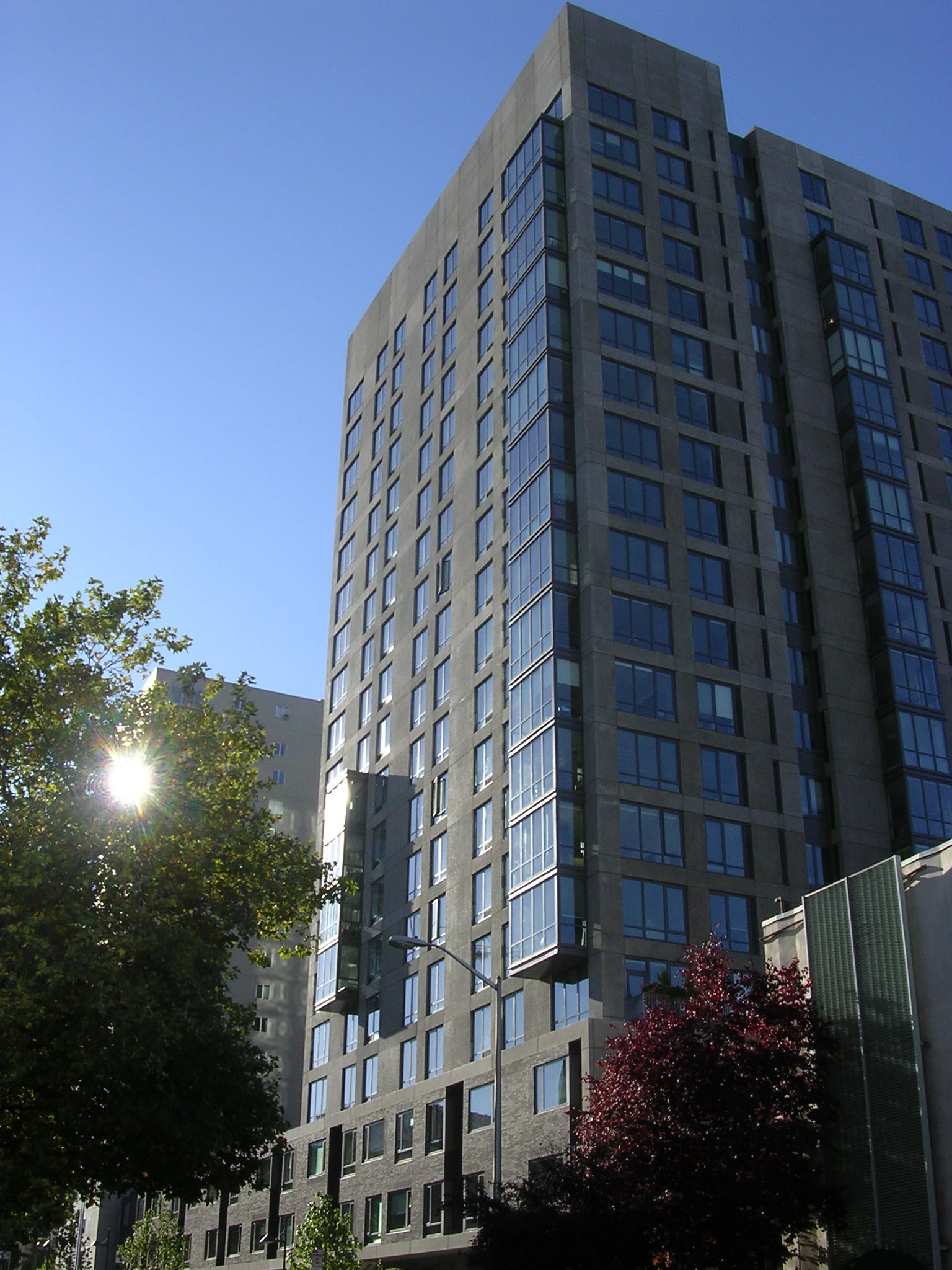 Tall modern high-rise building with many blue-tinted windows against a clear blue sky, sun glare at lower left, and trees in the foreground.