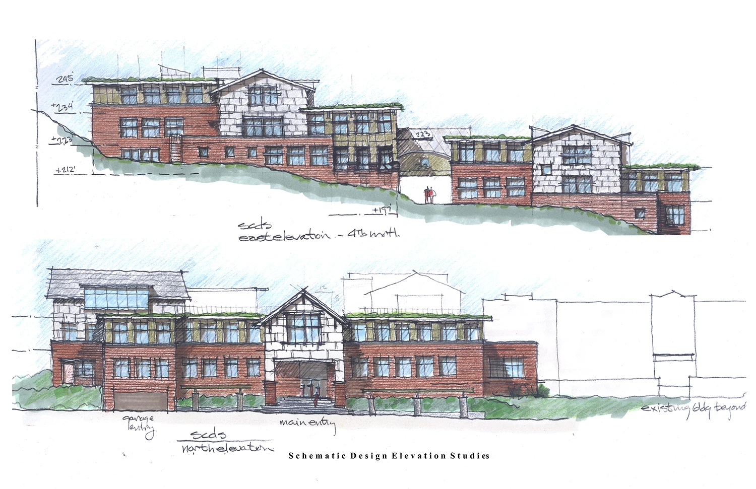Schematic design elevation study of a multi‑story brick and stone building on a sloped site, with green roof edges and landscaping.