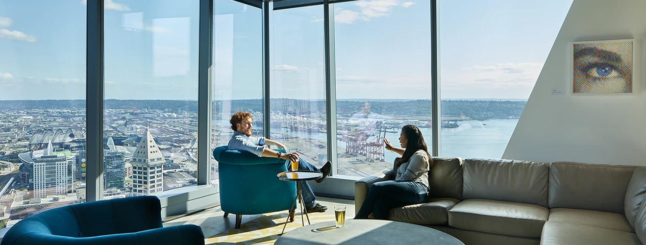 f5 Networks HQ soft seating with a view of Puget Sound and stadiums